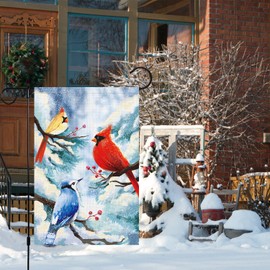 Welcome Winter Cardinals Garden Flag 12x18 Double Sided, Burlap Small Vertical Snow Bird Garden Yard House Flags for Winter Christmas Seasonal Outside Outdoor House Decor (ONLY FLAG)