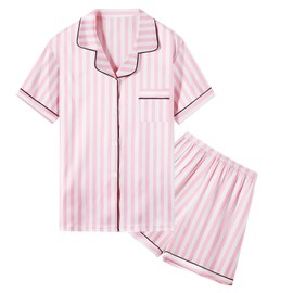 Umeyda Pajamas Sets for Kids, Satin Silk Like Short Sleeves Shirts Tops + Lounge Shorts Sleepwear Pjs Set for Girls, Baby Pink Stripe, 4-5 Years = Tag 120