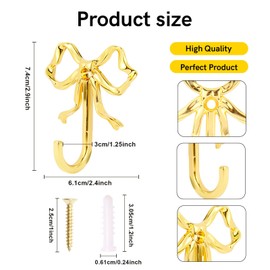 XHIPY 10 Pcs Gold Bow Hooks, Bow Hooks for Wall, Bow Decoration Hook,Decorative Hook, Suitable for Room, Bathroom, Love Shack Fancy Decor (Gold)