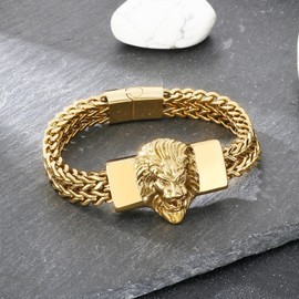 Klapgo Lion Head Men's Bracelet Gold Tone Stainless Steel Cuban Link Chain Punk Hip Hop Jewelry, Gift for Him