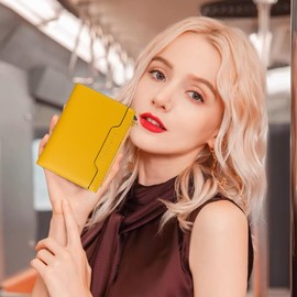 Slim Small Leather Women Wallets,Card Holder Wallet Bifold Trifold RFID Blocking Purse with Zipper Coin(Yellow)