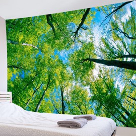 LB Nature Scenery Tapestry, Fresh Green Forest and Blue Sky, Sunshine Through Trees, Fashionable Wall Hanging, Fabric Decor, Landscape Photo, Multifunction Decor, Modern Art, Makeover, Room, Window