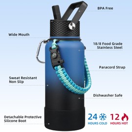 BJPKPK 32oz Insulated Water Bottles with 3 Lids, Paracord Handle & Non-slip Boot, Stainless Steel Metal Water Bottle,Reusable BPA Free Thermos, Tumblers, Blue Black