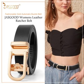 JASGOOD Ratchet Leather Belt for Women Ladies Automatic Belt for Jeans Pants Dresses with Gold Buckle, 01 Style-Black,Suit for Size 37"-42"