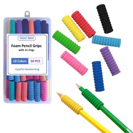 50 Piezas Agarres de Espuma para Lápiz de 11 Anillos para Niños y Adultos Escritura a Mano, 10 Colores Sujetadores de Lápiz para Aliviar los Dedos, Cojín Soporte para Lápiz Mecánico