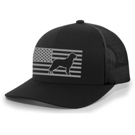 Heritage Pride Canine Collection Australian Shepherd American Flag Embroidered Mesh Back Trucker Hat, Black/Black