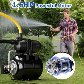 IRONMAX 1.6HP Shallow Well Pump, Stainless Steel Automatic 1000GPH Water Booster Jet Pump, 5 Gallons Pressure Tank, Automatic Pressure Switch, Well Depth Up to 26ft, for Home, Garden, Lawn (Black)