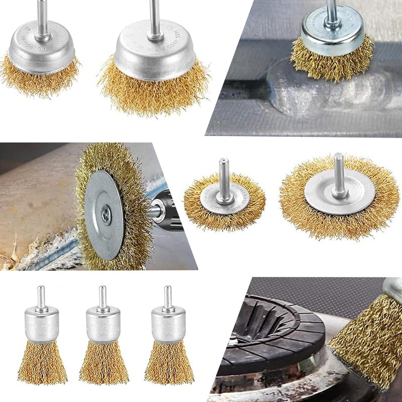 Wire Brush Set, 9 Pieces Steel Wire, Brass-Plated, Carbon Steel