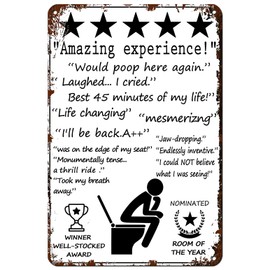 VOTHI Funny Tin Sign；Amazing Experience Would Poop Here Again Sign Bathroom Wall Decor；Jokes Mens Bathroom Decor Toilet Tin Sign Wall Decor 8x12 In