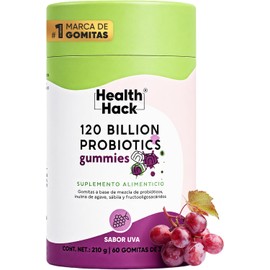 Probióticos en Gomitas 120 Billones UFC 14 Cepas + Prebióticos + 4 Enzimas Digestivas 60 Gomitas Sin Azúcar, 30 Porciones, Sabor Uva Health Hack