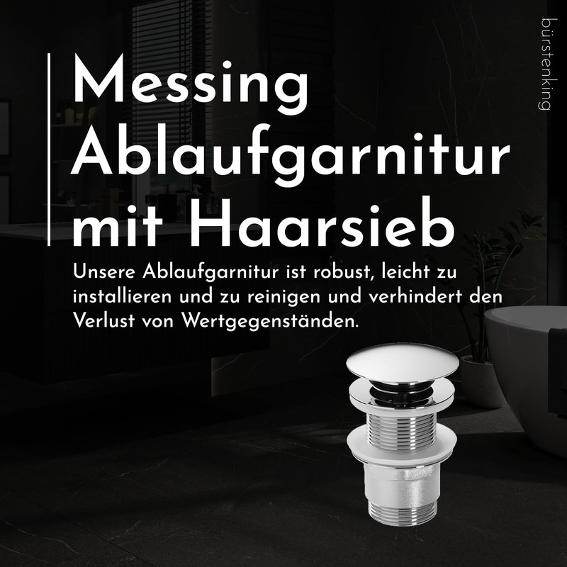 Bürstenking Ablaufgarnitur Waschbecken – Ablaufventil mit Haarsieb – für Waschbecken