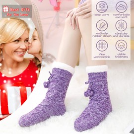 FUSACONY Womens Fuzzy Slipper Socks Non Skid Soft Warm Thick Fleece Lined Christmas Stockings Fluffy Winter Home Socks With Cute Pom Pom (Purple)