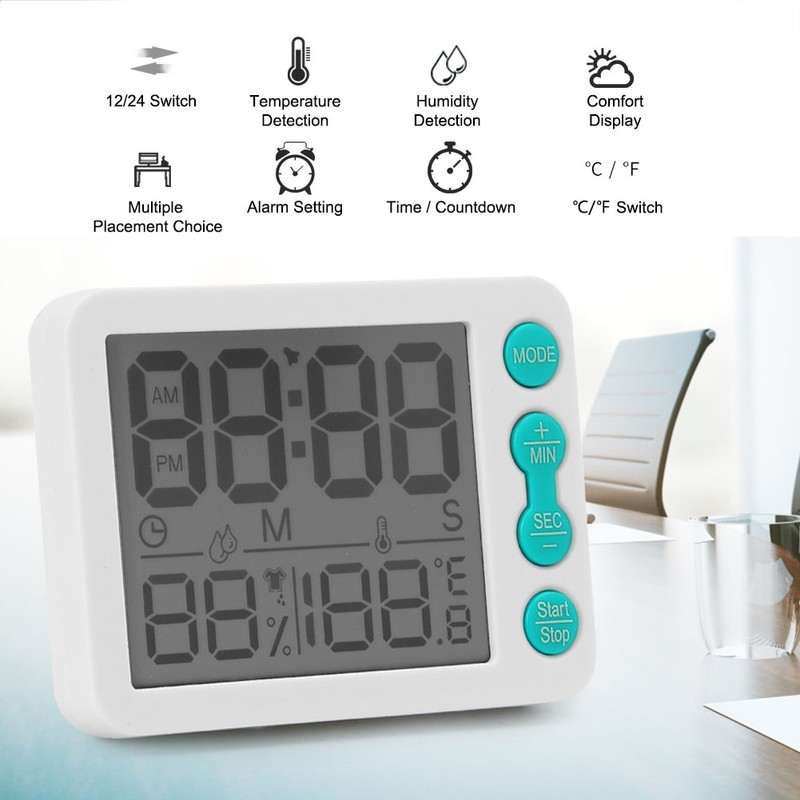 TS‑9606 Multifunctional Indoor Thermometer Hygrometer Clock Temperature and Humidity MeterWhite