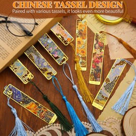 8 Pcs Metal Bookmarks with Tassel, Book Marks for Reading Women, Golden Van Gogh Monet Oil Painting Theme Reading Accessories Gifts, Cute Book Markers for Men, Kids, Book Lovers