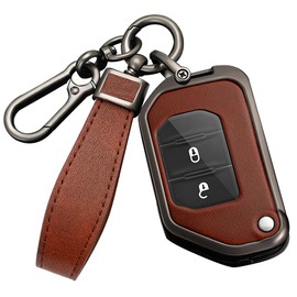 HIBEYO Folding Key Fob Cover For Jeep Wrangler JL JLU Gladiator 4XE 2018-2021 Accessories with Keychains Alloy PU Leather Material Key Case Protector-Black Brown