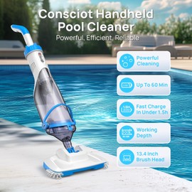 Consciot Pool Vacuum for Above Ground Pool & Inground Pool, Rechargeable Handheld Cleaner with Telescopic Pole,18.5 GPM Suction, 13.4" Head, 60-Min Runtime, for Spa & Hot Tub