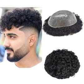 Healthlif Afro Curly Mens Toupee Hair Units African American Human Hairpieces Replacement System For Black Men Kinky Coily Hair Units Full PU Injection Afro Toupee 8''X10'' 6MM Afro Wave #1 Jet Black