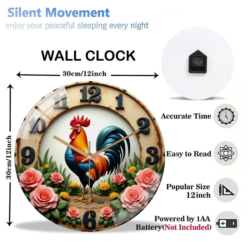 30x30cm Round Glass Wall Clock Offering Extended Battery Life Up