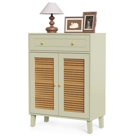 LITTLE TREE Shoe Cabinet for Entryway, 4-Tier Shoe Organizer with Adjustable Shelves & Drawer, Freestanding Mint Green Shoe Cabinets with Rattan Doors for Hallway, Bedroom, Living Room
