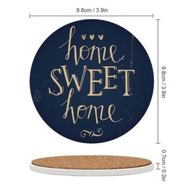 Mr.Tom Coasters for Drinks Vintage Home Sweet Home Navy Blue, Set of 4, 4 inch Absorbent Diatomite Ceramics Coasters with Cork Base, Tabletop Protection, Suitable for Dining Tables, Desks
