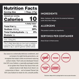 San-J - Gluten Free Tamari Lite Soy Sauce with 50% Less Sodium - Made with 100% Soy - Specially Brewed - 10 oz. Bottle