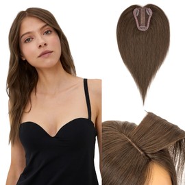 Hairro Human Hair Toppers Real Hair, Clips in 100% Human Hair Hairpieces for Women, 3.15"x3.94" Silk Base for Thinning Hair/Hair Loss/Covering Greyish Hair on Top, 10 Inch Brunette Brown