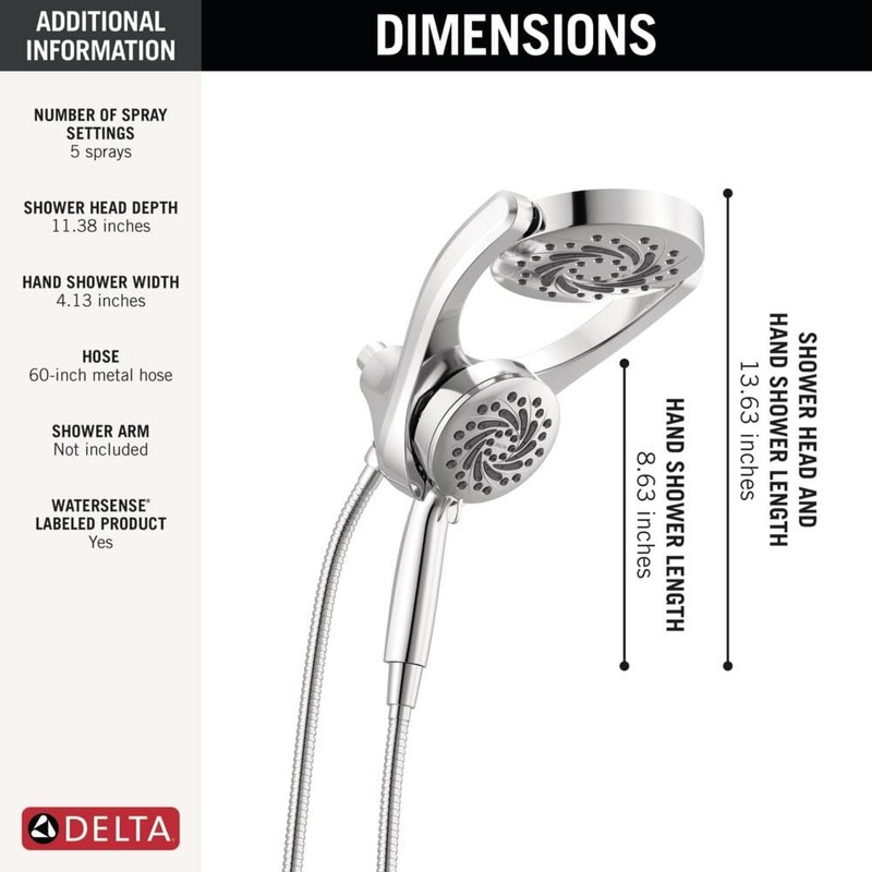Delta 5-Setting HydroRain 2-in-1 Dual Shower Head with ProClean Spray,