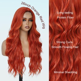 Long Orange Red Wig for Women Synthetic Cooper Wavy Curly Hair Wig Natural Looking Tangle Free Heat Resistant Comfortable for Daily Wear