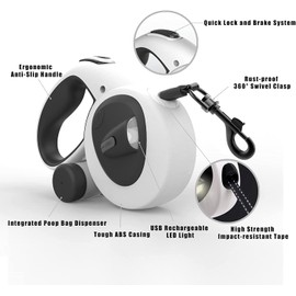 HCY&WLD Upgrade 4-in-1 Retractable Dog Leash with LED Light & Dispenser & Poop Bags, 16 ft Heavy Duty Dog Leash with Anti-Slip Handle for Dogs up to 44 lbs, 360° Tangle-Free, One Button Brake & Lock