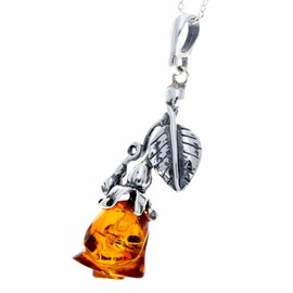 SilverAmber Jewellery UK - 925 Sterling Silver & Genuine Baltic Cognac Amber Classic Rose Carved Pendant - 660