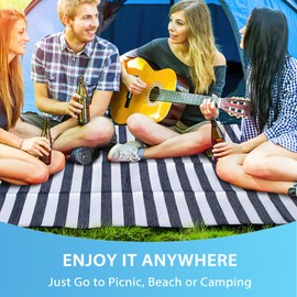 ADRIMER Large Picnic Blanket, Outdoor Waterproof Picnic Mat, Portable Sandproof Beach Blanket Mat for Family, Park, Camping, Hiking, 59" x 79", Blue White Stripe