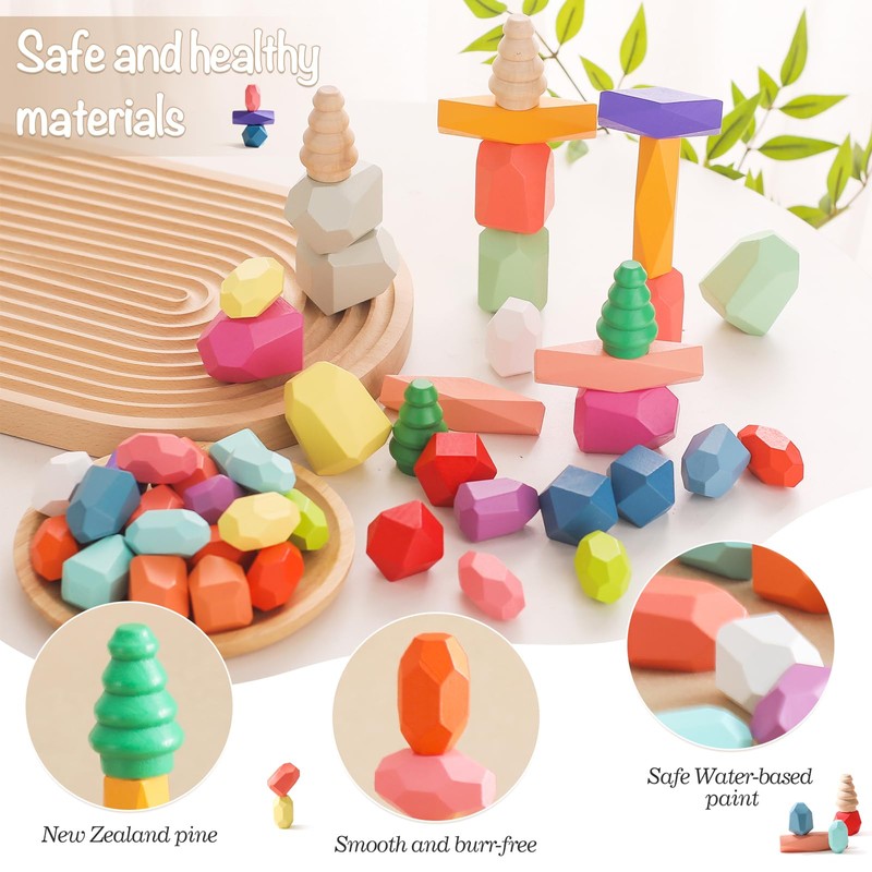 OESSUF Stacking Rocks 48Pcs Stacking Blocks Balancing Stacking Stones Wooden