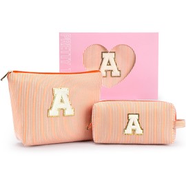 mibasies 2 PCS Initial Makeup Bags for Women: Cosmetic Bag for Travel Toiletry - Birthday Gifts for Girls Sister Wife Friend Daughter - Preppy Teen Girl Gifts Trendy Stuff - Orange A
