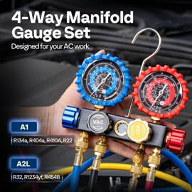 VIVOHOME HVAC 4 Way Manifold Gauge Set with R134a R1234yf Quick Couplers and Can Taps, Automotive Residential AC Gauges for R134a R410a R32 R1234yf R454B Refrigerant, Car Freon Charging & Evacuation