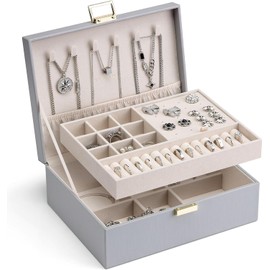 Vlando Accessory Case, 2 Layers, Large Capacity, Jewelry Box, Removable Jewelry Tray, Necklace, Earrings, Rings, Bracelets, Women, Present, Birthday, Gift (Gray)