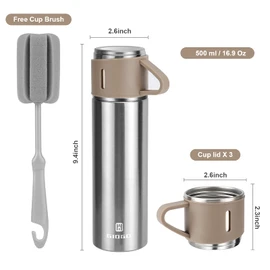 Stainless Steel Thermo 500ml/16.9oz Vacuum Insulated Bottle with Cup for Coffee Hot drink and Cold drink water flask.(Brown,Single)
