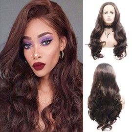 Brown Wavy Lace Front Wig Long Curly Wavy Middle Part Synthetic Wigs For Women Glueless Lace Wigs Heat Resistant Fiber Synthetic Hair Makeup 24 Inch