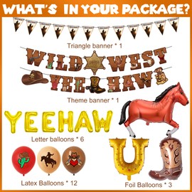 Yee-haw Western Cowboy Decoration Set - 24 Pcs Wild West Party Decor Triangle banner Hat Boots Yee Haw Horse Foil Balloons for Cowboy Themed Western Baby Shower Party Supplies