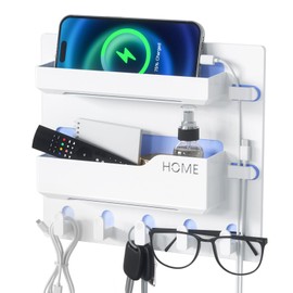 Bedside Shelf Wall Mount, Adhesive Bedside Shelf Accessories Organizer with Hooks and Cable Clips,Dorm Bedside Wall Storage for Phone, Remote, Earphone, Kindle,Plastic (5 Hooks Style)