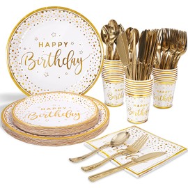 Tyzarglef 175PCS Happy Birthday Plates and Napkins Party Supplies, Gold Dot Paper Plates and Napkins with Gold Plastic Forks Knives Spoons Serve 25 Guests for Birthday Party Decorations