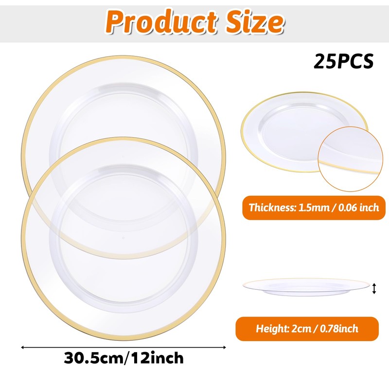IANFAN 25 Pack 12 Inch Gold Charger Plates, Clear Charger