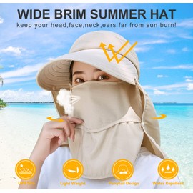 HUAMULAN Women Wide Brim Sun Hat Face Mask Detachable Neck Face Flap Ponytail Men Summer UV Protection Visor Hats Garden Fishing Hiking