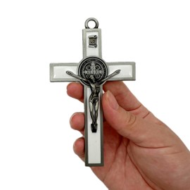BONITTER Antique Silver Crucifix Wall Cross-St. Benedict Metal Wall Art-5.0 InchX2.7 Inch Black White Brown Enamel Give Blessing and The Spiritual Sacred:Faith Gift for your Acquaintances (White)
