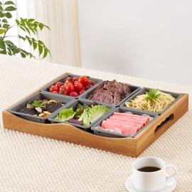 Acacia Wood Serving Tray with Handles, LYNG Charcuterie Boards with 6 Platinum Silicone Divided Platters, Durable Ottoman Tray for Bed Breakfast, Coffee Table, Patio, Perfect for Party & Entertaining