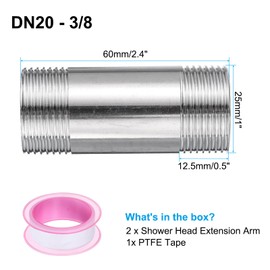 sourcing map 2pcs Shower Head Extension Arm 60mm(2.4") Length Stainless Steel Shower Head Extender Straight Pipe Fitting Extension with PTFE Tape for Bathroom, Silver Tone