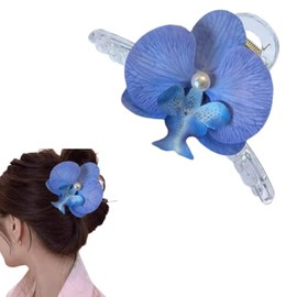 Blue Flower Hair Claw Clips Hawaiian Tropical Orchid Hair Clips with Pearl Bohemian Hairpins with Artificial Silk Flowers for Women Beach Wedding Accessories &Summer Vacation