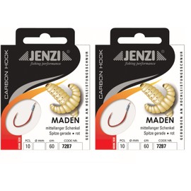 Set: 2 packs of tied maggot hooks by Jenzi, (20 pieces) on mono cord 60 cm, hook size 10, 12, 14 & 16 leader ready + free Petri Heil! sticker (hook size 12)