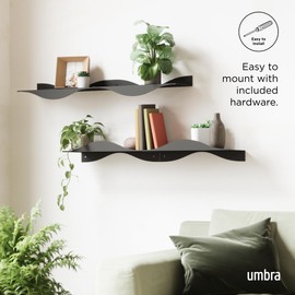 Umbra Surf Shelf Set of 2 – Black Metal Floating Shelves for Wall Storage & Décor, Modern Wave Design, 100% Steel, Holds 15 lbs. Each, Easy Installation Shelving for Bedroom, Living Room & Office