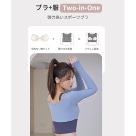 Karsaer A8126 Yoga Wear, Sportswear, Women's, Faux Layered, Long Sleeve, Top and Bottom Set, Stylish, Breathable, Stretchy, Sweat Absorbent, Quick Drying, Training Wear, Cup Included, Yoga Clothes,