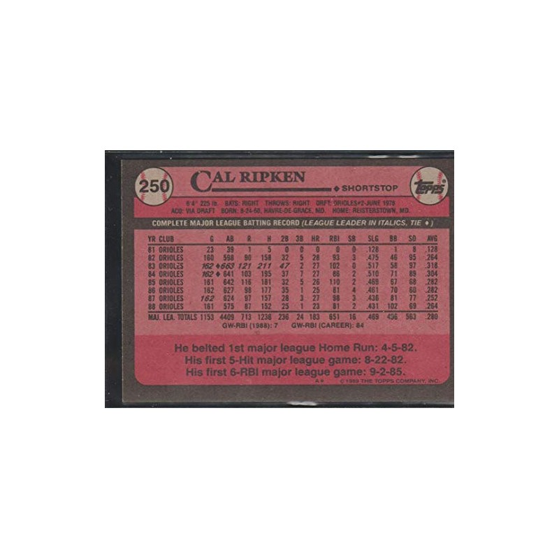 1989 Topps Baseball Card # 250 Cal Ripken Jr. Baltimore